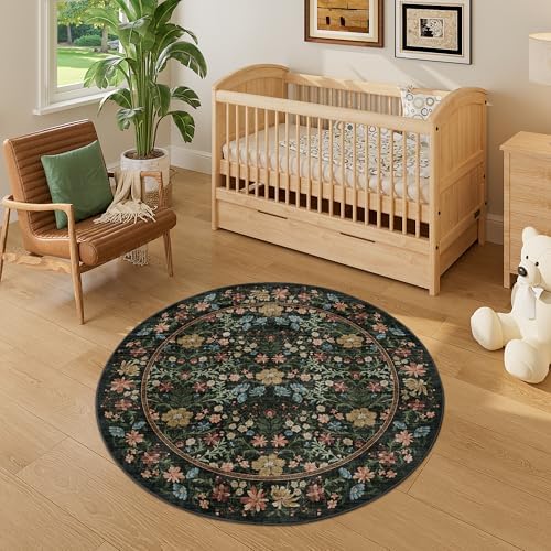 DUKINO 4ft Round Rug, Washable Vintage Floral Area Rug for Bedroom, Black - Image 7