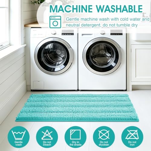 ACCUMTEK Striped Teal Green Bathroom Rug Set 3 Pieces Ultra Soft, Non Slip Chenille Toilet Mat, Absorbent Plush Shaggy Bath Mats for Bathroom, Bedroom, Kitchen, Turquoise - Image 6
