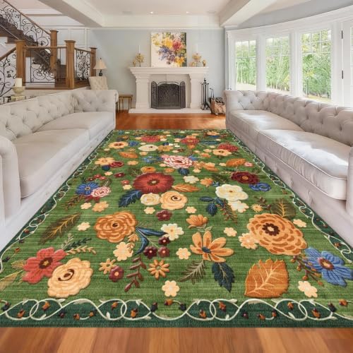 Washable 6x9 Area Rug, Green Boho Floral Non-Slip for Living Room, Bedroom by GERUIMO