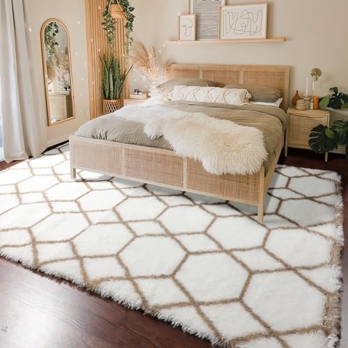 6x9 Area Rugs for Living Room Bedroom, Fluffy White and Beige Geometric Rug - Image 6
