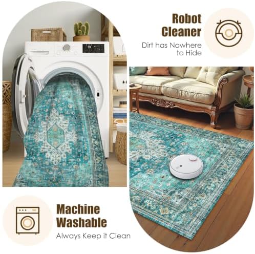 Washable Area Rug 3' x 5 ' Vintage Traditional Persian Mat - Foldable Distressed Non-Slip Machine Washable Carpet for Living Room Bedroom Kitchen Home Decor - Teal and Gold - Image 7