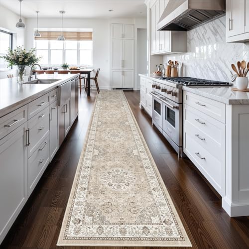Hallway Washable Runner Rug - 2'6x14 Kitchen Rugs Entryway Rug Runner Vintage Soft Floor Mat Non Slip Indoor Farmhouse Carpet for Bathroom Living Room Bedroom (2'6''x14', Beige) - Image 6