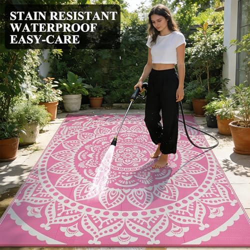 Bsmathom Waterproof Outdoor Rug 8'x10' Reversible Boho Plastic Straw Patio Deck Camping Rugs, Indoor Outdoor Portable RV Mat Clearance Carpet for Outside, Porch, Balcony, Backyard, Beach, Pool,Pink - Image 6