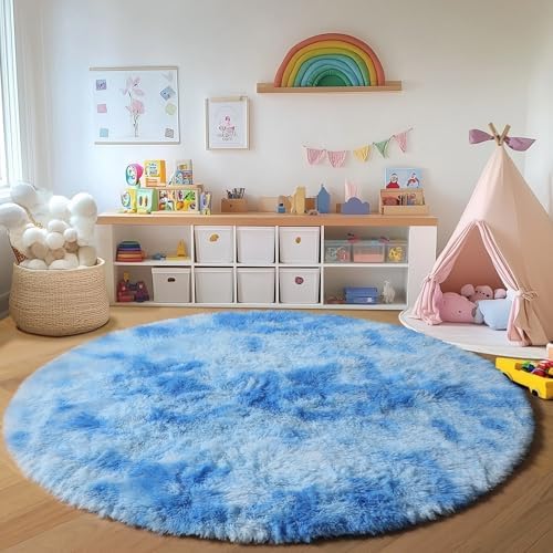 Tie-Dye Blue Fluffy Round Rug Circle Area Rugs 4ft for Boys Kids Bedroom - Image 6