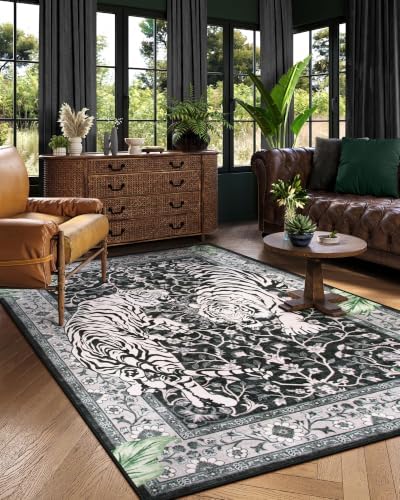 Moynesa Tiger 5x7 Area Rugs, Boho Washable Rugs for Living Room, Vintage Soft Dining Room Rug, Non Slip Ultra Thin Stain Resistant Large Floor Carpet for Office Bedroom, Black - Image 6