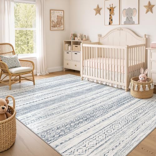 Nakagishi 6x9 Area Rugs Living Room: Washable Boho Large Neutral Soft Farmhouse Rug Stain Resistant Modern Indoor Floor Non-Slip Carpet for Bedroom Nursery Playroom Office Dining Room Dorm-White Blue - Image 7