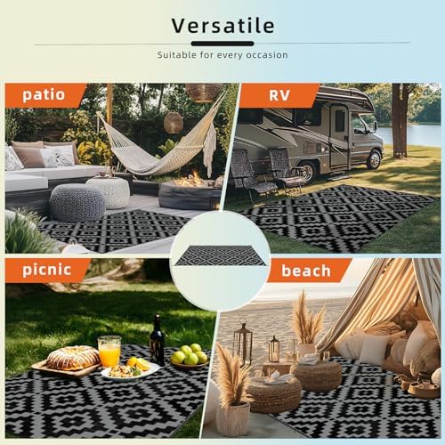 Favoyard Outdoor Rug Black & Grey 5x8 ft Waterproof Reversible Carpet Mat - Image 6