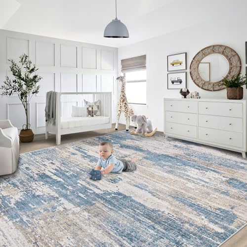 XLUEZ 9x12 Area Rug for Living Room, Washable Modern Abstract Large Area Rug Neutral Soft Non Slip Kids Rug Stain Resistant Indoor Carpet for Bedroom Dining Room Playroom Office(BlueBeige, 9'x12') - Image 6