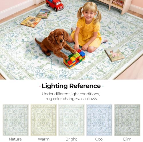 CAPALOCA Square 6ft Washable Nursery Girls Low Pile Area Rug Green Blue - Image 7