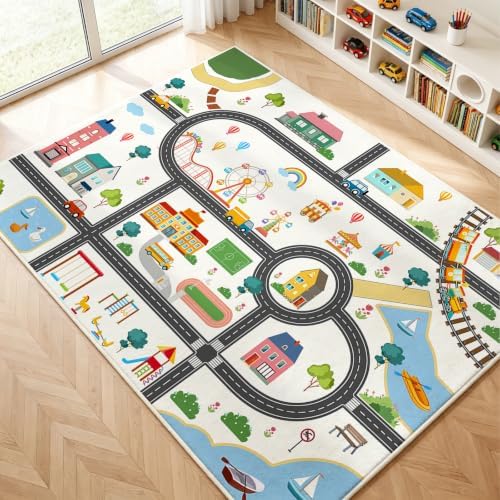 Car Rug Play Mat for Kids, Non Slip Train Track Car Rug Town City Road Map Playmat for Children, Washable Carpet for Boy Playroom Bedroom - 3x5 Ft - Image 7