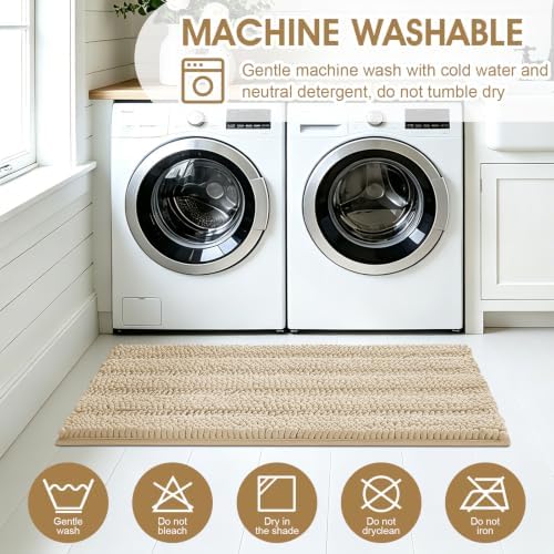 ACCUMTEK Striped Beige Bathroom Rug Mat Set 2 piece 24"x17"+48"x20" Ultra Soft, Non Slip Chenille Bath Rugs, Absorbent Plush Shaggy Bath Mats for Bathroom, Bedroom, Kitchen, Shower, Tub - Image 6