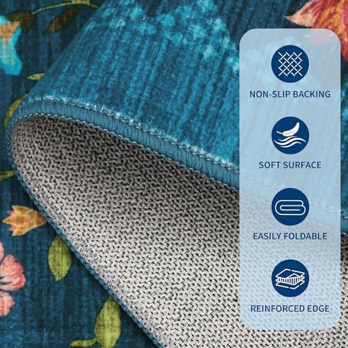 GarveeHome Washable Rug 8x10 Area Rugs for Living Room, Floral Rug for Bedroom, Soft Vintage Non Slip Throw Rugs with Rubber Back, Low Pile Stain Resistant Boho Floral Carpet for Dining Room, Blue - Image 6