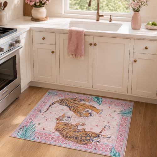 Moynesa Pink Tiger 2x3 Entryway Rug, Washable Boho Rug for Girls Bedroom - Image 6