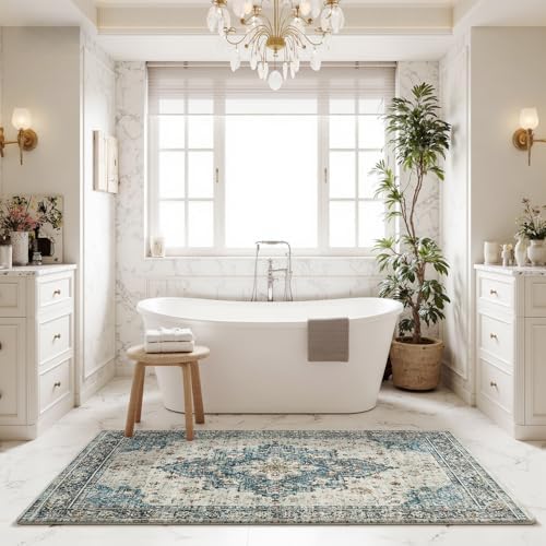 6x9 Blue Washable Area Rug for Living Room, Vintage Print - Image 6