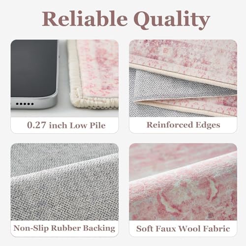 Pink Rug 5x8 for Bedroom Girls, Washable Non Slip Nursery Kids Room Rug Dorm, Aesthetic Distressed Area Rugs for Living Room, Low Pile Thin Carpet Rug for Playroom Dining Room Home Office - Image 6