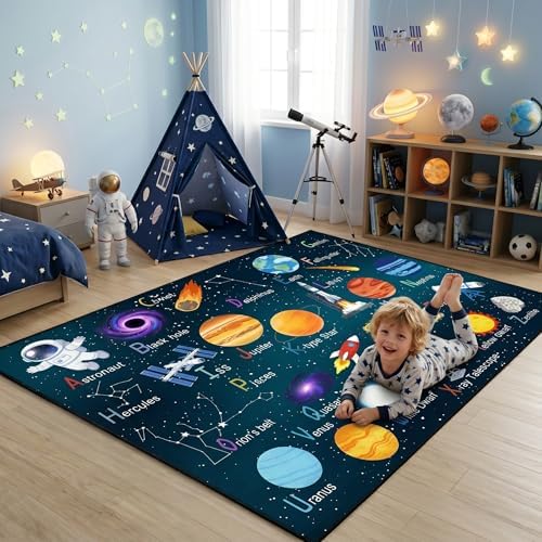 5x7 Ft ABC Alphabet Educational Area Rug for Children Girls Boys Leaning, Outer Space Decorative Rug for Kids Playroom, Classroom, Bedroom, Non-Slip & Soft Faux Wool Kids Carpet-Washable - Image 7