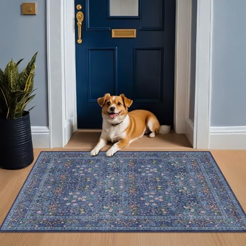 Vintage Dark Blue 3x6 Runner Rugs for Large Entryway, Bedroom Beside Rug, Kitchen, Laundry Room, Non-Slip Low Pile Ultra Soft Stain Resistant Small Floral Carpet - Image 6