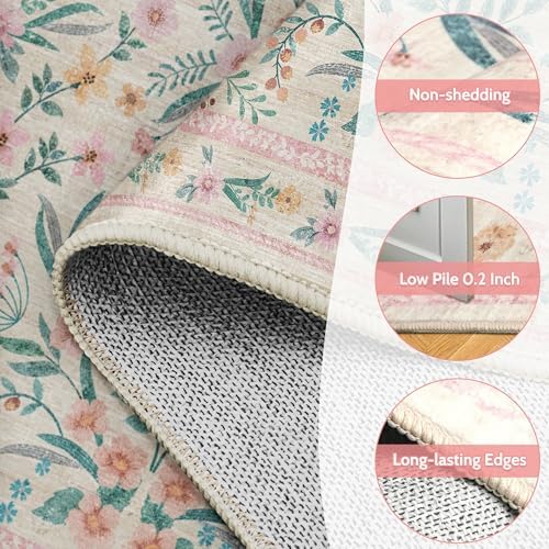 Pink Floral Area Rug 6x9,Soft Washable Girls Bedroom Rug for Nursery, Living Room or Playroom,Boho Vintage Non-Slip Carpet for Kids or Teen Girl Room Decor - Image 6
