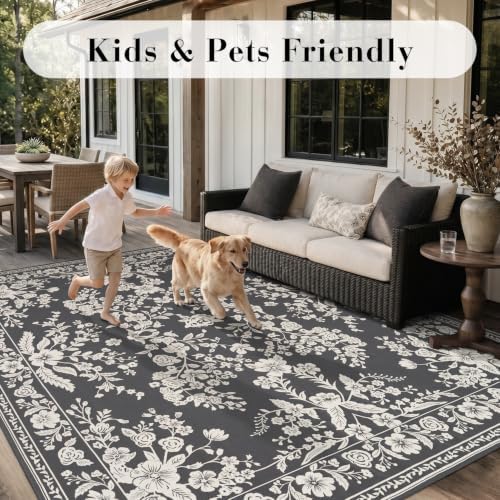 AMOAMI-Outdoor Rug-Patio Rug 8x10 ft Quick Dry Machine Washable Flatweave Textured Outdoor Carpet with Rubber Particles Backing Indoor Outdoor Rugs for Patio Deck Front Porch Balcony Greyish Black - Image 7