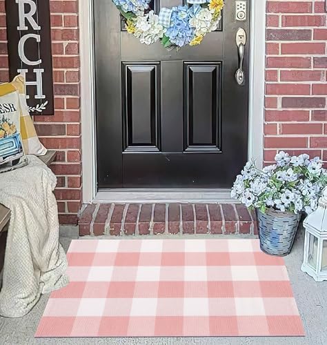 Pink White Buffalo Plaid Layered Doormat 24"x35" Cotton Washable Door Mat - Image 7