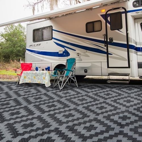 SAND MINE Waterproof Outdoor Rug 9x12 ft, Plastic Reversible Rug, Modern Area Rug, Large Floor Mat for Outdoors, RV, Patio, Backyard, Deck, Picnic, Beach, Camping, Black Grey Lattice - Image 6