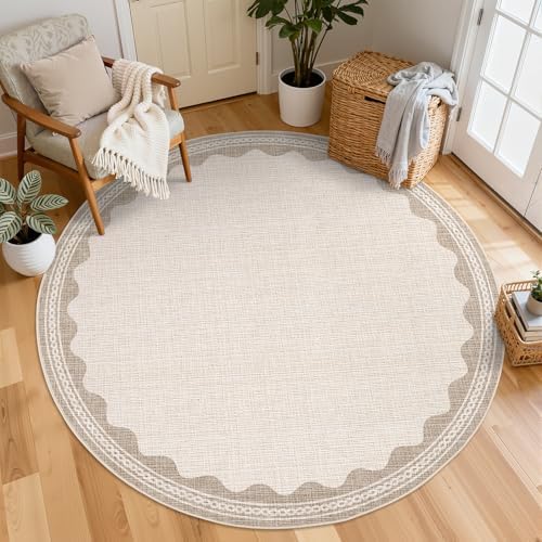 GarveeHome Scalloped Beige 6ft Round Rug Washable Non-Slip Soft Ultra-Thin Small Circle Modern Cottage Core Solid Carpet for Entryway Kitchen Bedroom Nursery Dining Room - Image 3