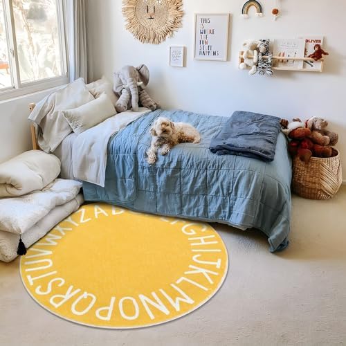 Topotdor Round ABC Area Rug,47 Inch Soft Floor Carpet,Yellow - Image 7