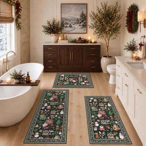 Christmas Kitchen Rug Set of 3: Non-Skid Washable Holiday Kitchen Floor Mat Soft Low Pile Throw Rugs and Runner for Entryway Bathroom Hallway Christmas Decor for Laundry (Christmas Green,2x3+2x4+2x5) - Image 7