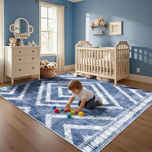 Boho Washable Rugs 5x7ft for Living Room, Low Pile Blue Bedroom Area Rug Non Slip, Moroccan Soft Kids Nursery Area Carpets for Dining Room Playroom Kitchen Home Office Decor - Image 6