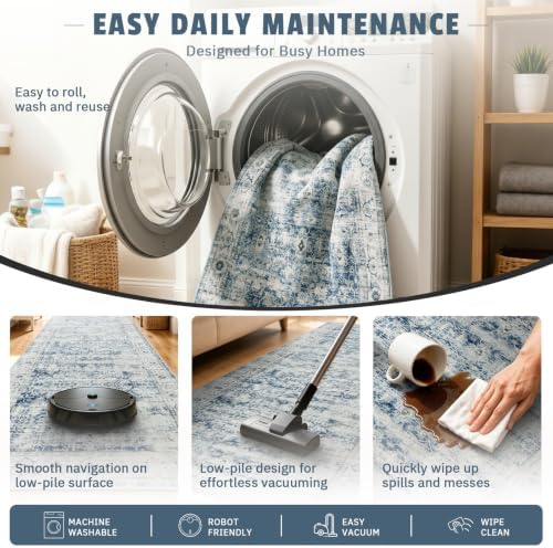 Morebes Extra Long Hallway Runner Rug 12ft, Gray Washable Kitchen Rugs Runner Non-Slip, Vintage Carpet Runner for Hall Entryway Corridor Laundry Room, Soft Low Pile Indoor Rug(2.5x12, Blue-Gray) - Image 6