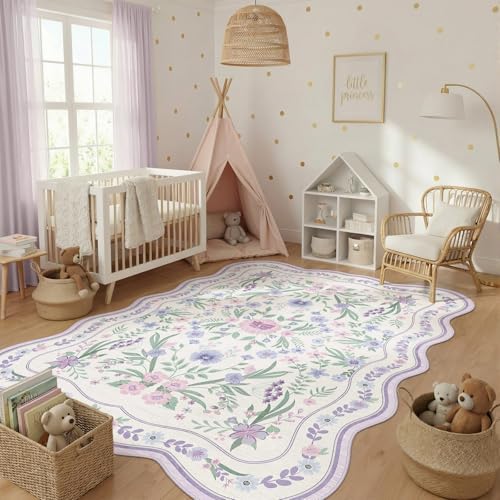 Scalloped Floral Rug 8x10, Purple Lavender Washable Non Slip Large Area Rug for Girls Bedroom, Soft Low Pile Cottagecore Rug for Nursery, Dorm, Living Room - Image 6