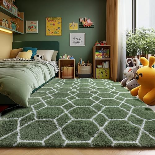 5x7 Area Rugs for Living Room Bedroom, Fluffy Olive Green and White Rug - Image 6