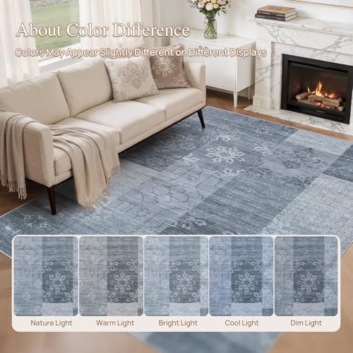 UERMEI 5x7 Area Rug for Living Room - Washable Vintage Carpet, Non-Slip Soft Large Indoor Floor Rugs for Bedroom Home Office & Under Dining Table Decor, Blue Block - Image 6