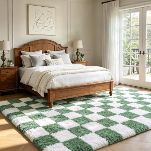 Large Area Rugs for Living Room Bedroom,9x12 Green and White Fluffy Soft Checkered Rug Fuzzy Shag Shaggy Carpet,Indoor Plush Floor Rugs for Teen Dorm Home Decor - Image 6