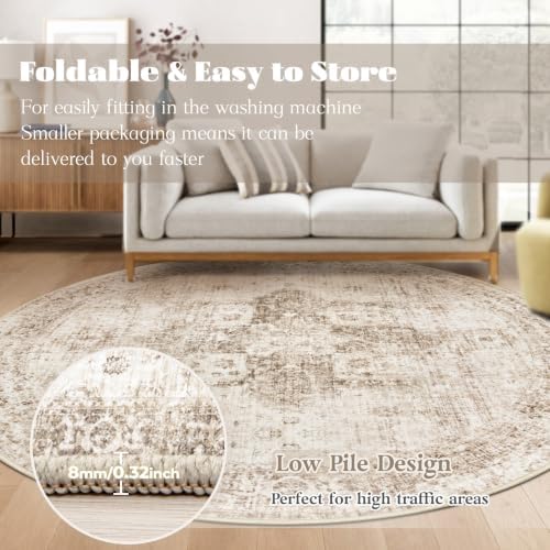 Round Rugs 6ft Washable Rug, Vintage Boho Medallion Rugs Non-Slip Soft Low Pile Circle Distressed Rug Indoor Retro Carpet for Living Room Bedroom Dining Room Home Office (Brown, 6' Round) - Image 7
