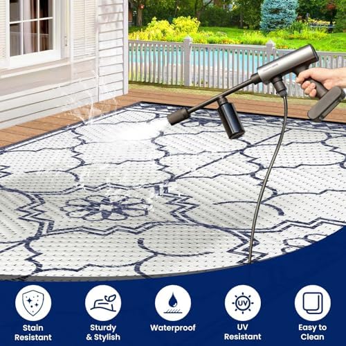 6x9Ft Outdoor Rug, Solar Powered Outdoor Rug with 94LEDs Strip Lights for House Deck, Waterproof Plastic Reversible Outdoor Straw Rugs, Rugs Mat RV Camping Patio Beach Balcony Picnic (Blue White) - Image 6