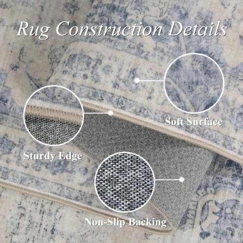 Washable 9x12 Bedroom Area Rug Soft Medallion Retro Blue Large Carpet - Image 7