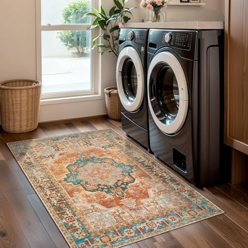 Tangsoo 2x3 Washable Rugs for Entryway, Vintage Non Slip Small Rug Orange - Image 6