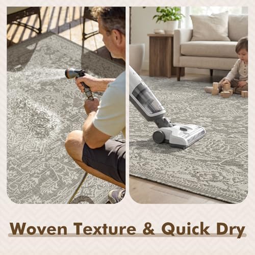 MontVoo-Outdoor Rug-Patio Rug 5x7 ft Polypropylene Indoor Outdoor Rugs Carpet for Patio Deck Balcony Porch, Textured Weave, Durable for High Traffic, Fade-Resistant, Vintage Medallion Silver Grey - Image 6