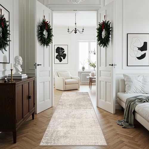 3x7 Washable Hallway Runner Rug: Abstract Stain Resistant Kitchen Rug Farmhouse Ultra Soft Bathroom Bedroom Entryway Printed Floor Mat Thin Non-Slip Carpet for Living Room Laudry(3x7,Beige/Cream) - Image 6