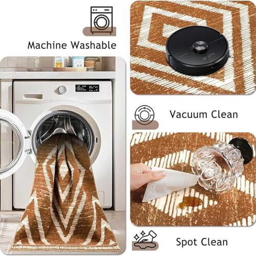 Boho Washable Area Rugs 9x12ft for Living Room, Large Soft Bedroom Rug Non Slip, Low Pile Brown Moroccan Floor Carpets for Dining Room Nursery Playroom Home Office - Image 6