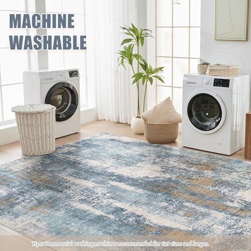 DMOYEST Area Rug Living Room Rugs - 5x7 Washable Soft Indoor Neutral Modern Abstract Low Pile Rug Carpet for Bedroom Dining Room Farmhouse Home Office - Blue Brown - Image 6