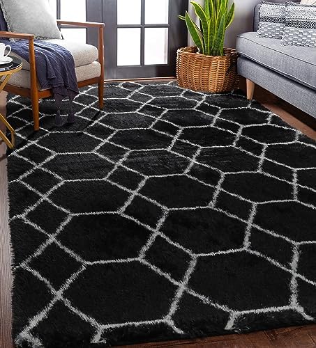Area Rugs for Bedroom Living Room, 4x6 Fluffy Black and White Geometric Rug - Image 6