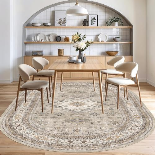 cotiled 8x12 Ellipse Area Rug for Living Room, Washable, Traditional, Beige - Image 7
