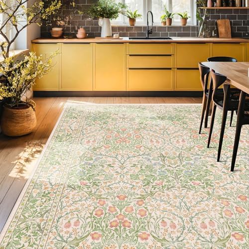 Washable Light Green Rug for Bedroom - 9x12 Large Area Rug for Dining Room Under Table, Living Room, Soft Low Pile Carpet for Playroom - Vintage Floral Non-Slip Stain Resistance (9x12 Beige Green) - Image 6