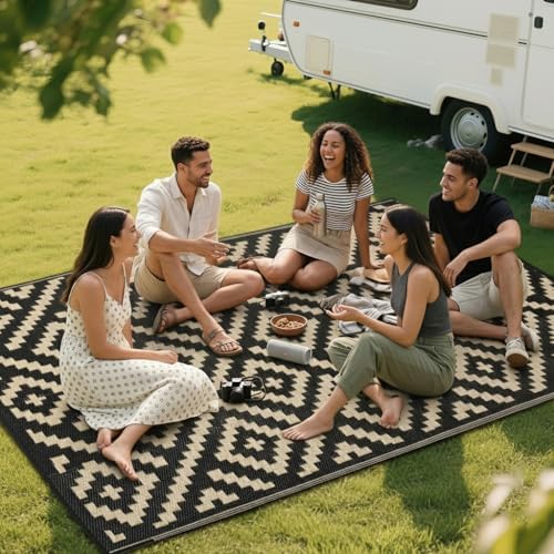 RURALITY Outdoor Rugs 8x10 Feet for Patios Clearance,Plastic Straw Waterproof Mats for Backyard,Porch,Deck,Balcony,Black&Beige - Image 7