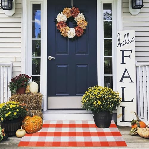 Buffalo Plaid Outdoor Rugs, 2'x4'3'' Orange and White Checkered Indoor/Outdoor Area Rug, Layering Rug for Hello/Welcome Door Mat, Washable Cotton Woven Farmhouse Mat for Fall Front Porch Décor - Image 7