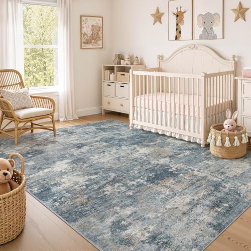Nakagishi 7x9 Area Rugs Living Room: Washable Abstract Large Neutral Soft Rug Stain Resistant Modern Indoor Floor Non-Slip Carpet for Bedroom Nursery Kids Playroom Office Dining Room Dorm-Blue Brown - Image 7