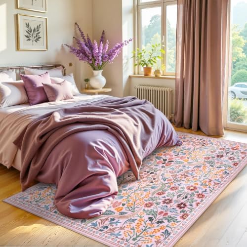 Moynesa Pink Floral 5x7 Rug for Bedroom, Washable Vintage Living Room Rug - Image 6