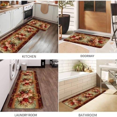 Retro Farmhouse Spring Floral Kitchen Rugs Sets of 2 Non Slip Washable, Country Vintage Flower Summer Spring Floral Kitchen Mats for Floor 2 Piece Home Decor - Image 7
